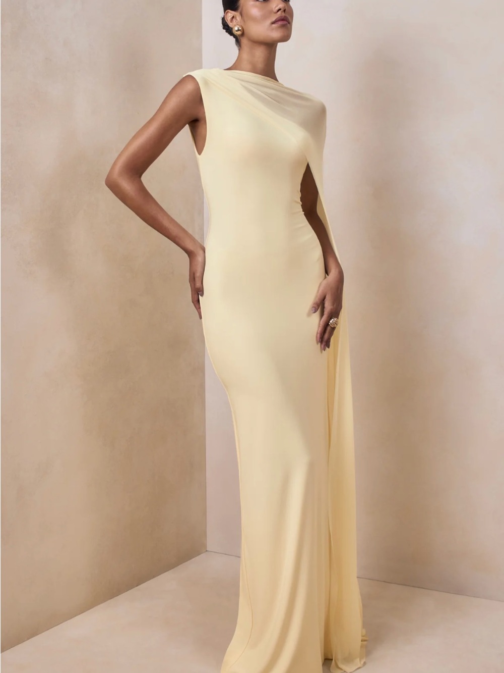 CLUB LONDON MIRELLE LEMON BOAT-NECK MAXI DRESS WITH CAPE-SLEEVE